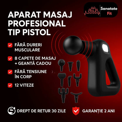Aparat de Masaj Profesional Tip Pistol, 12Viteze, 8 Capete interschimbabile, Anti Dureri